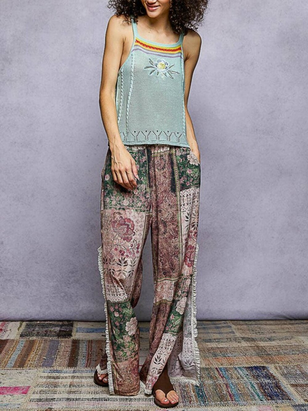 NWT POL Patchwork Exaggerated Side Slit Printed Woven Pants